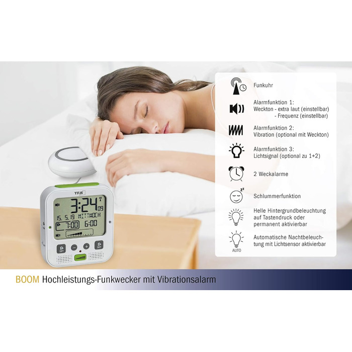 TFA Dostmann Boom Funkwecker, Loud with Vibration Alarm, Snooze Function, Adjustable Volume and Brightness, Automatic Night Light, White, L 110 x W 65 x H 122 mm