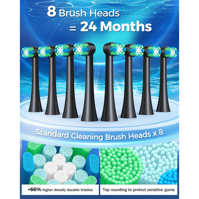 Електрична зубна щітка Rotierende для дорослих з 8 насадками, 4 режимами чищення, акумулятором на 60 днів та Smart-таймером на 2 хвилини - професійна електрична зубна щітка (чорна)