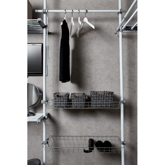 WENKO Telescopic System Hercules Duo, 3 Clothes Rails, 2 Storage Baskets, Extendable, Powder-Coated Metal, 164-215 x 165-300 x 38 cm, Matt (White, Single)
