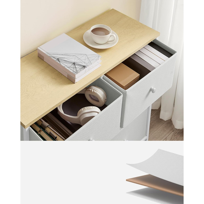 SONGMICS Chest of Drawers, Cabinet, 6 Fabric Drawers, Metal Frame, Storage Cabinet, for Children's Room, Bedroom, Hallway, Cream White-Oak Finish LTS323W57