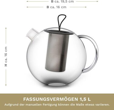 Скляна чайник Creano 1,2л з підставкою, 3-х секційна з нержавіючою сталею та ситечком, для листового чаю, без протікання (1500 мл)