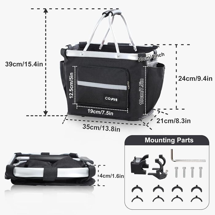 Складаний велосипедний кошик COFIT з бічними кишенями (чорний)