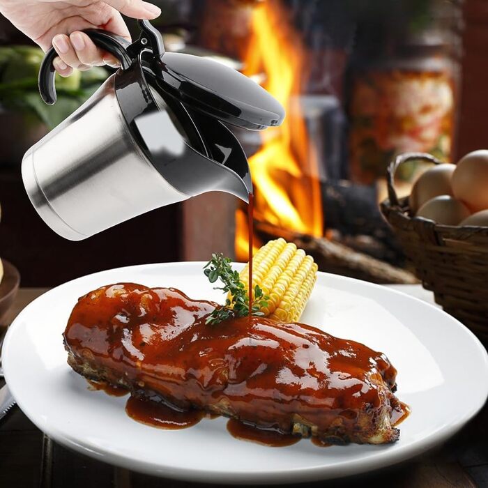 Double-walled stainless steel gravy boat with hinged lid, 500 ml sauce dish for serving sauces or cream (Size: 500 ml)