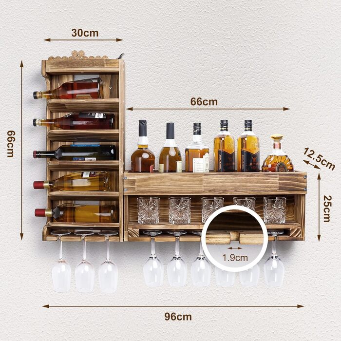 Стійка для вина Yorbay з підігрітим деревом, настінна з тримачем для корку, для келихів для вина та віскі, утримувач для пляшок, домашній бар, вінтаж, подарунок (без LED)