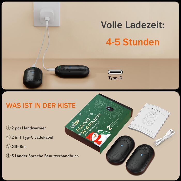 Електричні грілки для рук 6000mAh (2 шт.) - багаторазові, USB-C, 3 режими нагріву, подарунок для жінок, чоловіків, дітей, для катання на лижах, піших прогулянок, чорний