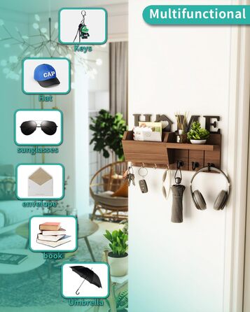 Держатель для ключів HapiRm з декором HOME, дерев'яне ключниця з 7 гачками, з полицею. Підходить для входу, передпокою, спальні, офісу, коричневий