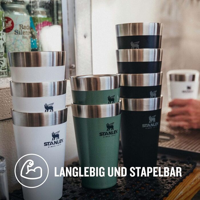 Термокружка Stanley Adventure Stacking Bierkrug 473 мл з нержавіючої сталі, зелений колір, з подвійними стінками, вакуумна ізоляція, BPA-Free, для зберігання напоїв холодними до 4 годин, можна мити в посудомийній машині
