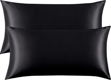 FLXXIE 2 Pack Satin Pillowcases for Skin and Hair, Luxurious and Silky King Size Pillowcases with Hotel Closure, Black, 50 x 90 cm