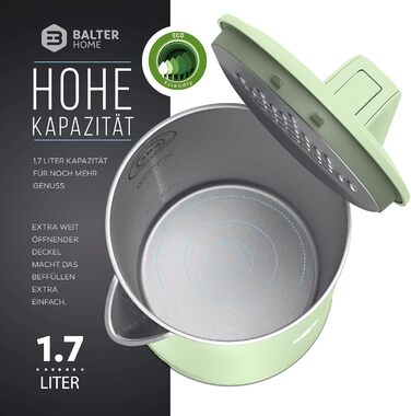 Balter Stainless Steel Kettle WK-4, 1.7 Liter, Electric Kettle, Double-Walled Design, BPA Free, LED, Compact Tea Kettle, Quiet (Black) (Mint)