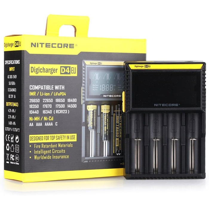 NiteCore D4 EU: Інтелектуальний зарядний пристрій для акумуляторів з LCD-дисплеєм (18650, 18350, 26650, AAA, AA, CR123A)
