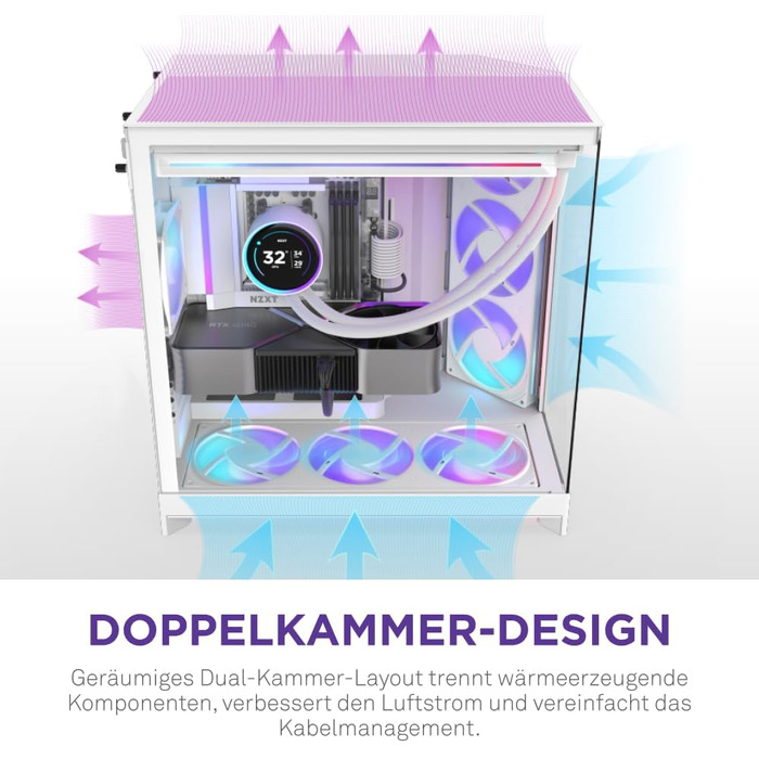 NZXT H9 Flow 2025: Корпус ПК Mid-Tower з покращеною вентиляцією, велика двокамерна конструкція, 3 x 140мм та 1 x 120мм вентилятори, підтримка радіатора 420мм, загартоване скло, підтримка Back-Connect, RGB підсвітка