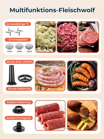 М'ясорубка електрична Fohere 2000 Вт з насадками для ковбас та кубів, 3 диски (7/5/3 мм), чорна