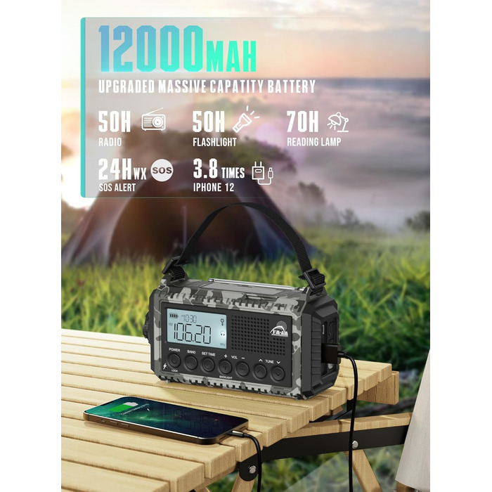 Радіо на сонячній батареї та з ручним генератором | Powerbank 12000mAh | AM/FM/SW, SOS, USB-C, IPX4, ліхтарик | для кемпінгу та відпочинку на природі (Граутарт)