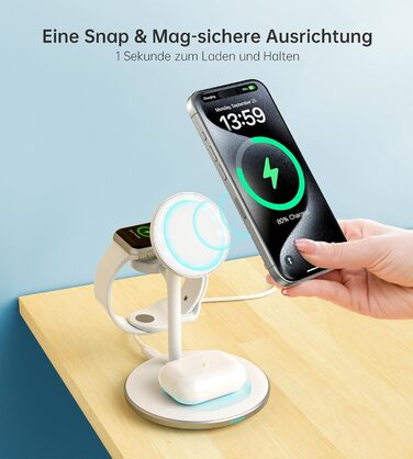 3-в-1 індукційна зарядка для декількох пристроїв, 15W MagSafe зарядка для iPhone 15/14, MagSafe зарядний пристрій для iWatch Ultra 2/1/Series 9/8, AirPods, білий колір