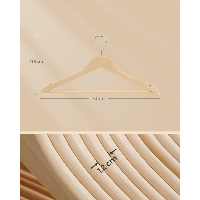 SONGMICS Wooden Clothes Hangers, 24-Piece Set, Wooden Hangers, Shoulder Indentations, Trouser Bar, Trouser Hanger, 360° Swivel Hook, for Jackets, Shirts, Coats, Natural Beige CRW010N24