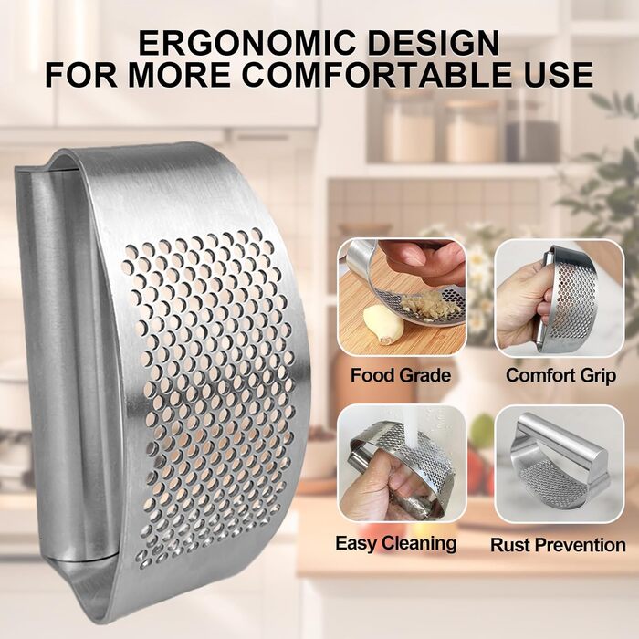 Прес для часнику з нержавіючої сталі - багатофункціональний прес для часнику з силіконовим очищувачем та щіткою для чищення. Можна мити в посудомийній машині (срібний)