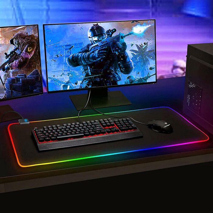Килимок для миші ігровий RGB 800x300mm XXL, великий, з 14 режимами підсвічування, 7 LED кольорами, вологостійкий, з антиковзким покриттям для комп'ютера, ПК, професійних геймерів, чорний