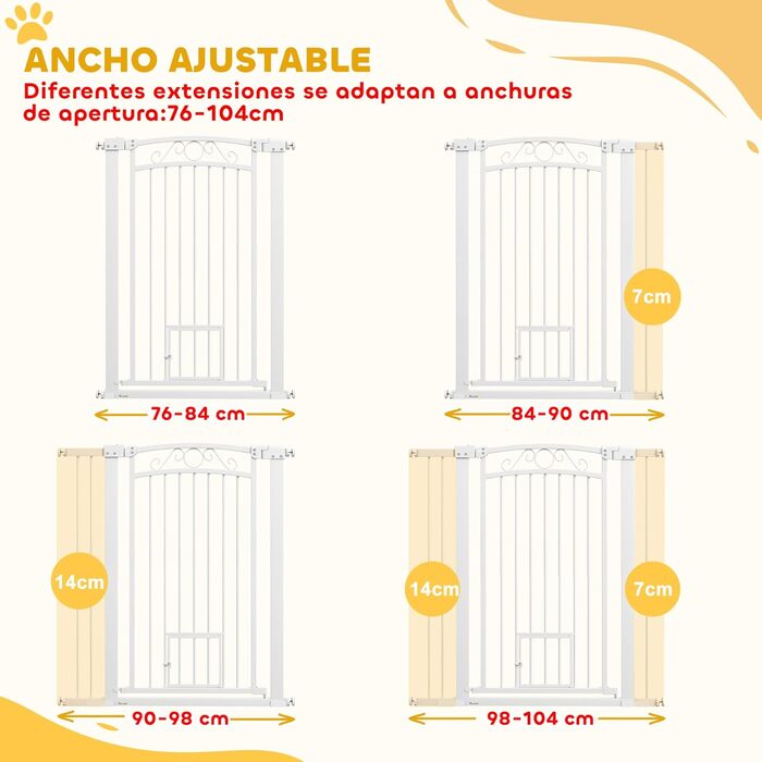Бар'єр для собак PawHut - регульований, 76-104 см, білий. Безпечне огорожа з двома розширеннями, подвійний замок та маленькі дверцята для сходів та дверей.