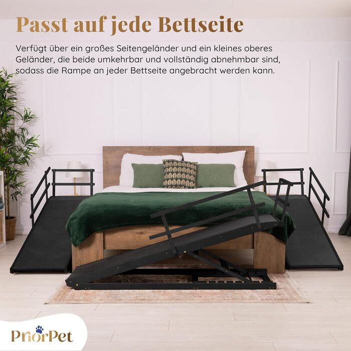 Сходинки для собак до ліжка з поручнями - для великих собак до 90 кг - регульована висота до 94.5 см - ширина 49.5 см - складані - з антиковзним покриттям - з берези - натуральний колір (чорний)