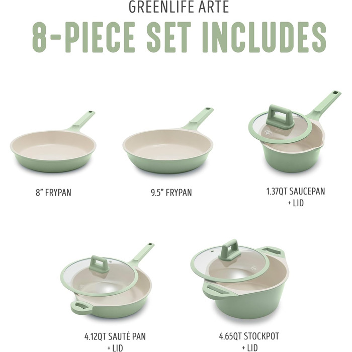 Набір посуду GreenLife 8 предметів з керамічного покриття, індукційний, нетоксичний, без PFAS, каструлі та сковороди, придатний для миття в посудомийній машині, середній, салатовий зелений