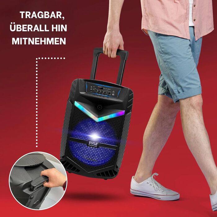 Pyle PA Bluetooth Гучномовець – Караоке Машина з Мікрофоном, 400W, Музична Система, Partybox, Акумуляторний, 8” Сабвуфер, 1” Твітер, Функція Запису, Підсвічування, USB/SD-Радіо