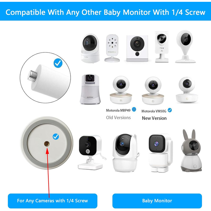 Універсальне кріплення для відеоняні Arlo, GHB, HelloBaby, ieGeek, Momcozy, Motorola та інших (1/4' різьблення). Легке встановлення без інструментів та слідів, білий колір. Гнучке кріплення