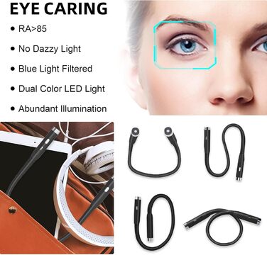 Ліхтарик на шию LED для читання, гнучкий, з USB зарядкою, 3 кольори світла, захист очей для дорослих та дітей, чорний