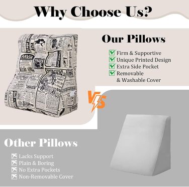Вигнуте подушення для читання в ліжко, підголівник, клиновий подушок для підтримки спини, піднятий подушок для сидіння в ліжко або диван, знімний чохол (газета, 60 см)