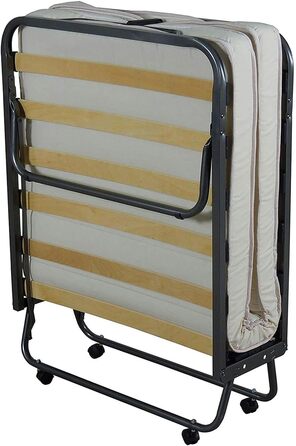 Розкладне ліжко Cortassa XL Comfort з матрацом з поліуретану, 90x200 см, з дерев'яним ламелевим дном, на колесах, висота 10 см