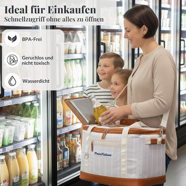 Велика складана термосумка 45L для покупок, пляжу, пікніка, обіду. Водонепроникна, ізольована на 12 годин. Ретро XXL, бежевий колір.