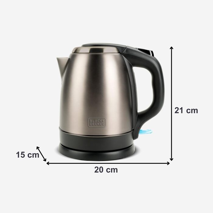 Електричний чайник BLACK+DECKER BXKE2202E, 1.2L, 2200W, нержавіюча сталь, поворотна база 360°, автоматичне відключення, індикатор рівня води, ергономічна ручка, для лівшів