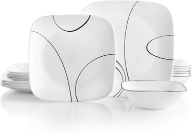 Corelle Tafelservice 18-teilний чорно-білий для 6 осіб, стійкий до сколів, включає великі тарілки (26 см) та салатові/гарнірні (17 см), Simple Lines