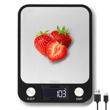 Кухонні ваги Muaket 1г/10кг з цифровим дисплеєм, велика платформа 17,5x15 см, 7 одиниць вимірювання, функція тарування, для продуктів, порошку, фруктів, овочів, перезаряджувані