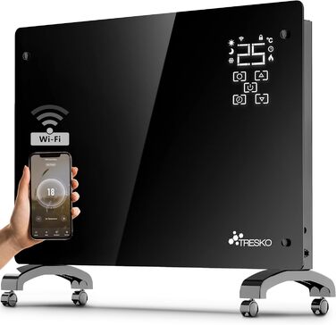 Електричний конвектор TRESKO® з Wi-Fi, LED-дисплеєм та таймером | Склокерамічний нагрівач | 2000 Вт (1500 Вт)