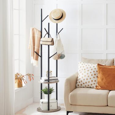HOOBRO Coat Rack, Freestanding Clothes Rack, Tree-Shaped Wardrobe with 8 Hooks, 2 Round Shelves, for Clothes, Hat, Bag, Living Room, Bedroom, OfficeDark Brown-Black EBF33YM01G1 (Greige + Black)