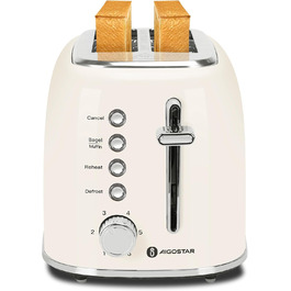 Тостер Aigostar 2-х секційний, Ретро, Кремовий, 800W, 6 рівнів підсмажування, Функції: Bagel, розморожування, підігрів, відміна