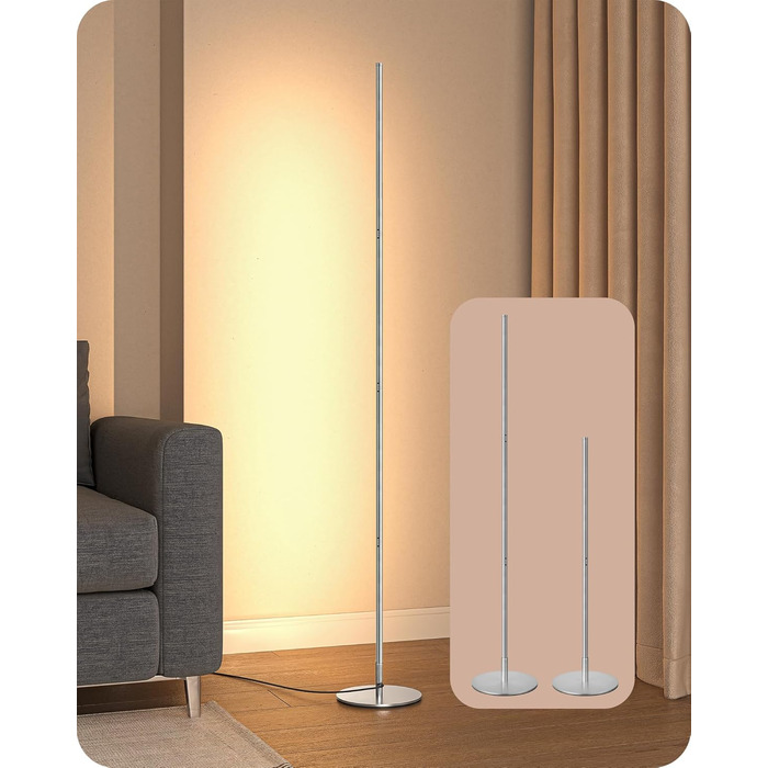 LED торшер Edishine 2 шт. з диммуванням, тепле світло 3000K, регулювання висоти 146 см, з функцією пам'яті, для вітальні, спальні, офісу (срібний)