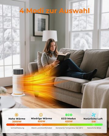 Електричний обігрівач 2000W з PTC-керамічним нагрівачем, тихий, з пультом керування, таймером, поворотним механізмом 70°, LED-дисплеєм для офісу, спальні, ванної кімнати, дому (білий)