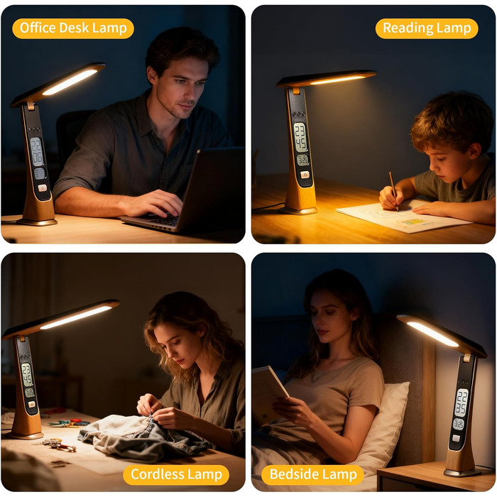 Bokefo Світлодіодна настільна лампа з акумулятором 1800 mAh, 3 кольори, регулювання яскравості, годинник, сенсорне управління, складна та портативна. Підходить для офісу, навчання, читання. Без адаптера