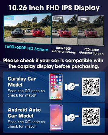 Автомобільний дисплей 10,26'' CarPlay/Android Auto з сенсорним екраном, підставкою, камерою заднього виду, GPS-навігацією, підтримкою Siri/Google для авто 2025, Buddy Display