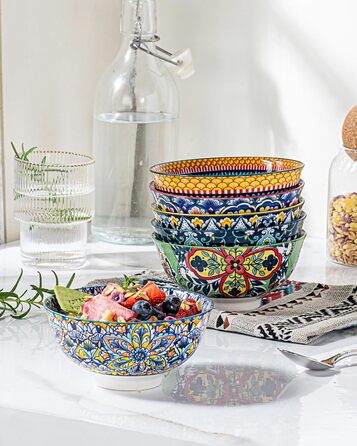 Набір керамічних мисок HENXFEN для мюслі, супу, салату та пасти (6 шт.) - богемний стиль
