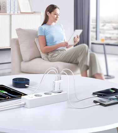 Мережевий зарядний пристрій USB-C з 5 портами, швидка зарядка, білий. Заряджає iPhone, Samsung Galaxy, Google Pixel та інші пристрої.