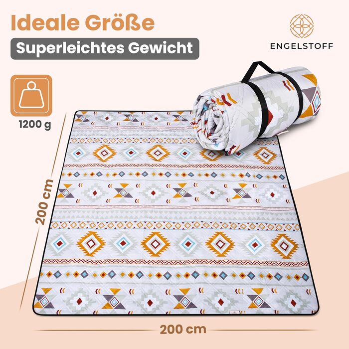 Engelstoff® Waterproof Picnic Blanket - Boho Blanket 200x200 cm - XXL Beach Blanket - Waterproof Blanket for Outdoor Use, Insulated, for Swimming Pools, Beach, Park, Travel, Hiking, Playground, Camping including e-Book