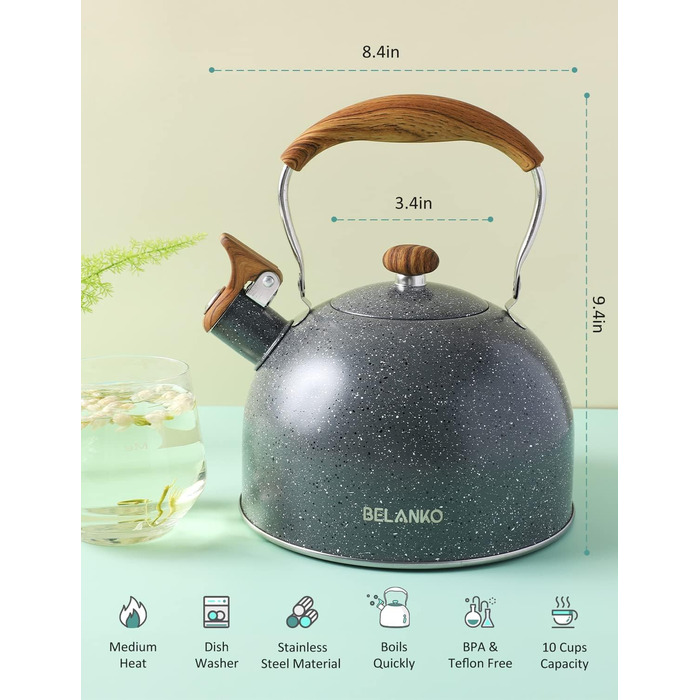 Чайник BELANKO 2,5 л з свистком, нержавіюча сталь, з дерев'ястим декором, складаний ручка, для чаю, кави, молока – блакитний (сірий)