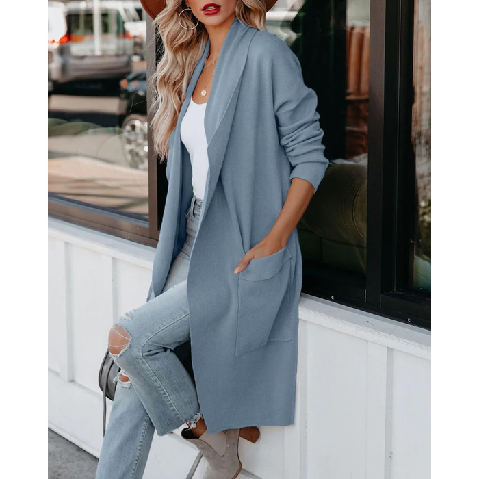 Жіночий кардиган trickjacke з відкритим передом та таселями, довгий, однотонний (S, світло-блакитний)