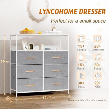 LYNCOHOME Chest of Drawers with Fabric Drawers, Sideboard Entryway Cabinet with 6 Fabric Drawers and Compartments, Drawer Organizer Furniture for Kitchen Office Bedroom (Snow Grey)