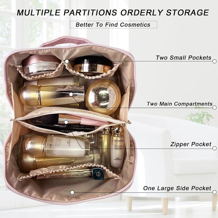 Жіноча косметичка для подорожей з великим об'ємом, водонепроникна, з перегородками, органайзер (кремовий абрикос) (рожевий пудра)