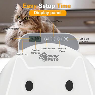 Автоматичний дозатор корму для котів Ownpets: програмований таймер, 4 порції, з акумуляторами, бездротовий, захист лапок