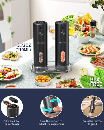 CIRCLE JOY електрична млинка для солі та перцю, з акумулятором, автоматична, 110 мл, регулювання помелу, біле LED-підсвічування, для однієї руки, чорна
