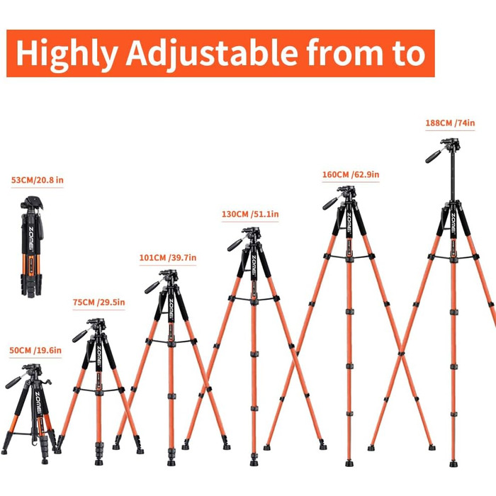 Штатив ZOMEi 188 см - важкий, для професійного відео та фото, сумісний з DSLR, телефонами, проекторами, біноклями, телескопами (чорний, помаранчевий)